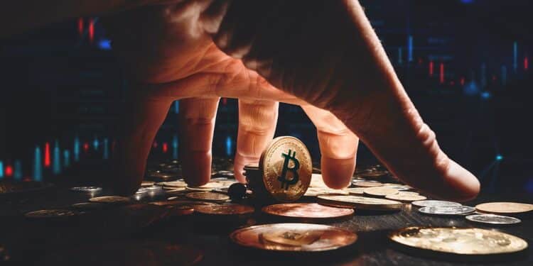 mano agarrando bitcoin con gráfico de precio en el fondo
