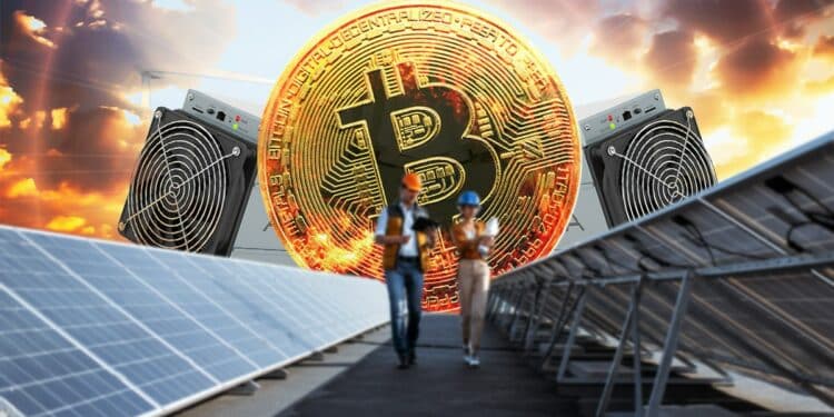 Par de ingenieros caminando entre paneles solares y un Bitcoin de fondo.
