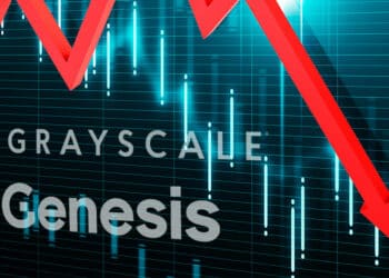 grafico de mercado econ flecha señalando caida con logod de Genesis y Grayscale