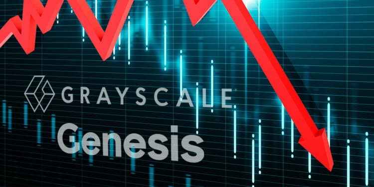 grafico de mercado econ flecha señalando caida con logod de Genesis y Grayscale