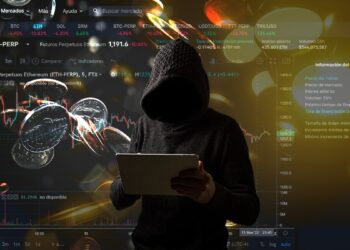 hacker sosteniendo tablet con monedas intercambiandose en exchange FTX en el fondo