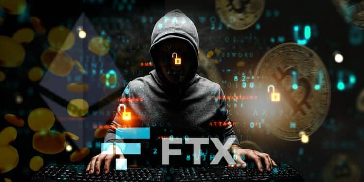 hacker con logo de FTX sobre teclado y monedas de ethereum y bitcoin en el fondo