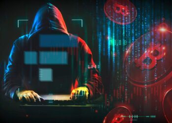 hacker con logo de FTX como objetivo junto a monedas de bitcoin en rojo cayendo con grafico de precio a la baja