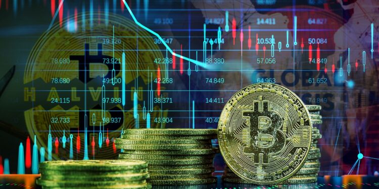 moneda de bitcoin con gráfico de precio en el fondo con moneda de bitcoin en halving y crisis económica reflejadas