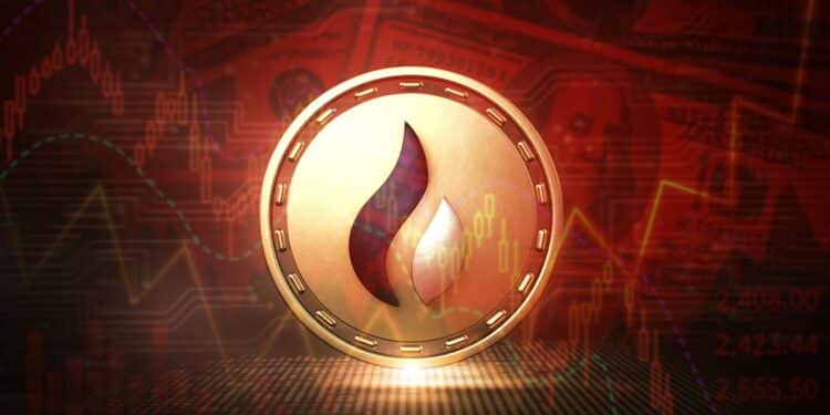moneda de Huobi con gráfico descendente en rojo en el fondo