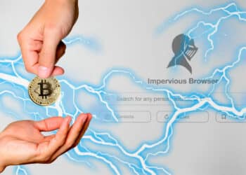 Impervious Browser con manos intercambiando BTC y relámpagos