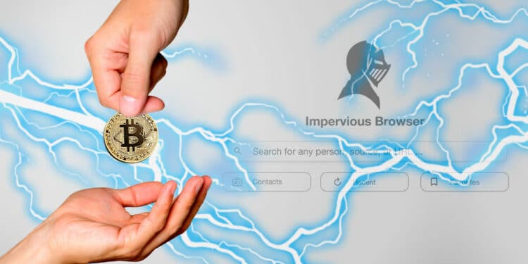 Impervious Browser con manos intercambiando BTC y relámpagos