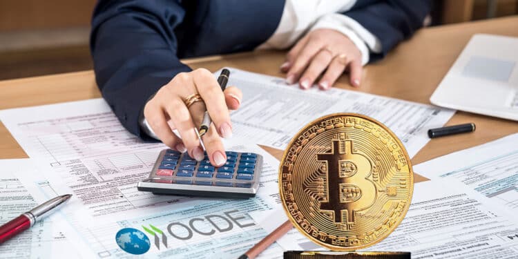 Impuestos junto a bitcoin y logo de ocde.
