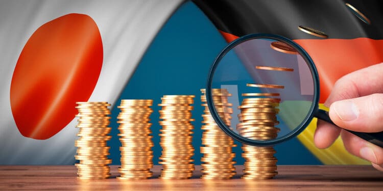 Monedas representando la inflación junto a banderas de Alemania y Japón.