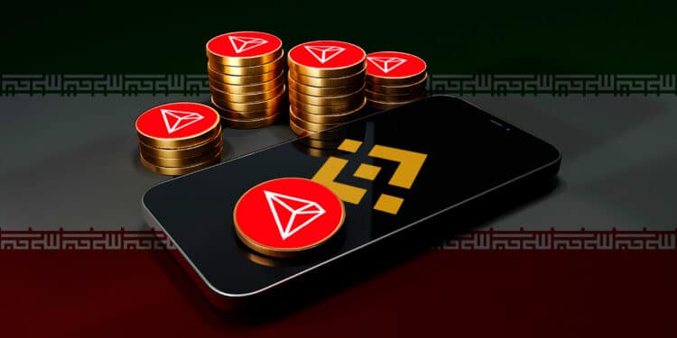 Aplicación binance junto a tron y bandera de Iran.