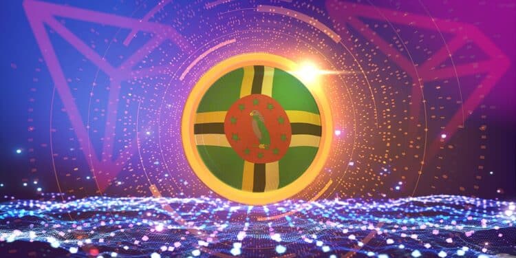 moneda digital con bandera de caribe sobre red digital con logos de Tron en el fondo