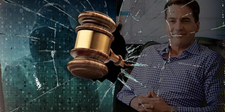 martillo de juez rompiendo vidrio con satoshi nakamoto y craig wright reflejados