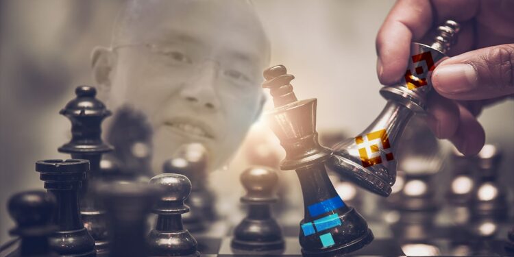 piezas de ajedrez con logos de binance y FTX superpuestos con CZ en el fondo