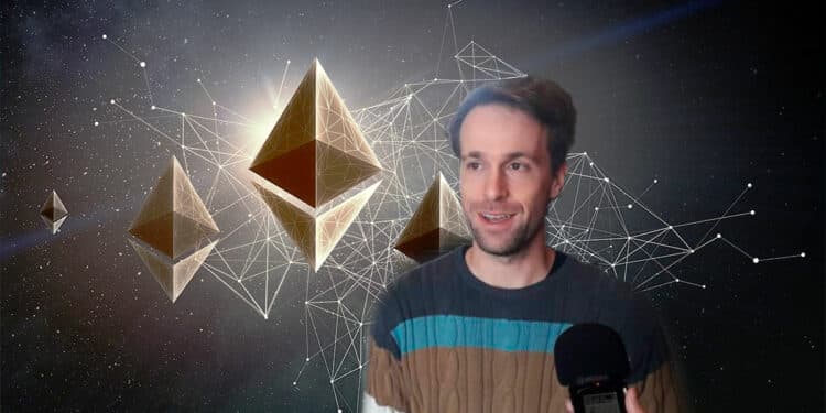 desarrollador Justin Drake con logos de ethereum y red digital en el fondo