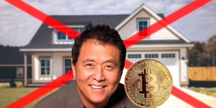 Kiyosaki junto a un bitcoin acompañado de una casa de fondo.