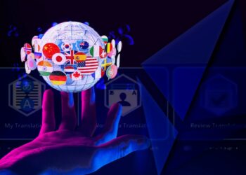 mano sostiene globo terraqueo con banderas de países y plataforma de Linguo y logo de ethereum en el fondo