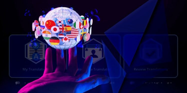 mano sostiene globo terraqueo con banderas de países y plataforma de Linguo y logo de ethereum en el fondo