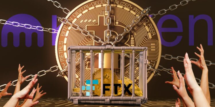 manos extendidas hacia jaula con monedas de FTX encerradas y moneda de Bitcoin encadenada en el fondo con logo de Kraken