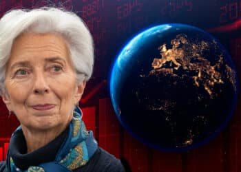 Christine Lagarde y planeta tierra con Europa iluminada con gráfico rojo de fondo representando la inflación