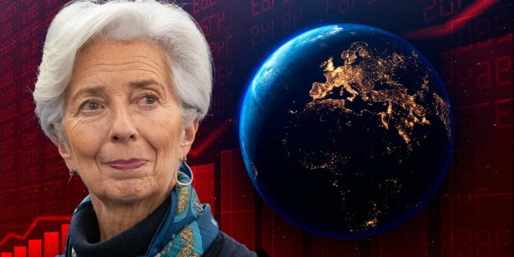 Christine Lagarde y planeta tierra con Europa iluminada con gráfico rojo de fondo representando la inflación