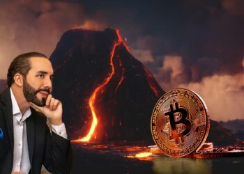 Nayib bukele en pose de espera junto a monedas de bitcoin con volcan en erupción en el fondo