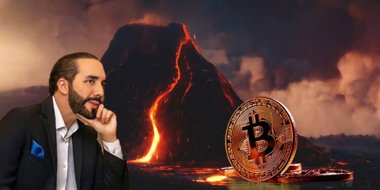 Nayib bukele en pose de espera junto a monedas de bitcoin con volcan en erupción en el fondo