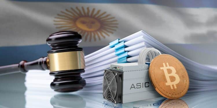 miniatura de moneda de bitcoin apoyada en minero asic junto a martillo de juez con documentos y bandera de argentina en el fondo