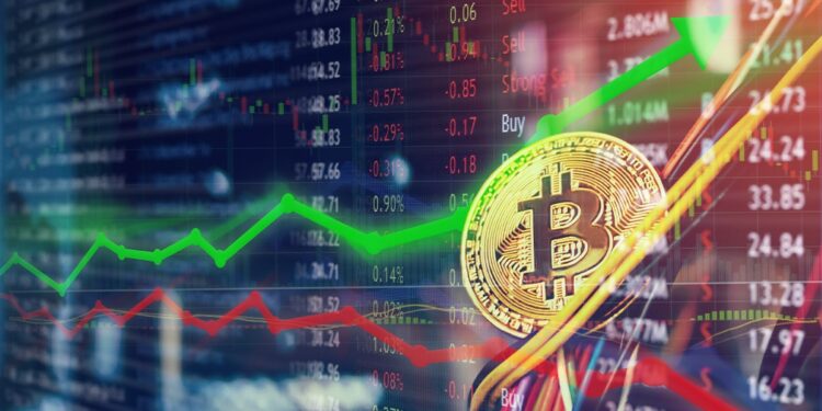 moneda de bitcoin entre cables electricos con gráficos alcistas y bajistas superpuestos