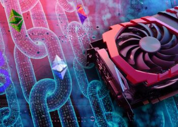 minero de GPU sobre superficie con cadenas digitales y logos de criptomonedas superpuestos