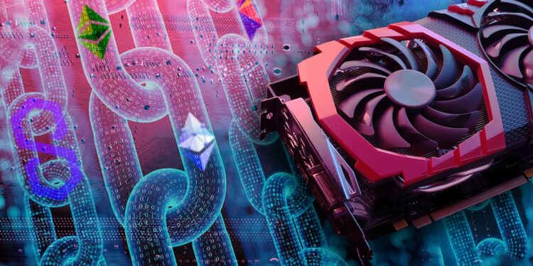 minero de GPU sobre superficie con cadenas digitales y logos de criptomonedas superpuestos