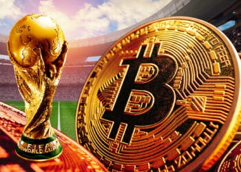 Estadio de fútbol y Copa del Mundo con Bitcoin