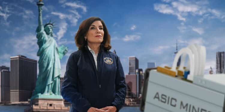 minero de bitcoin en frente de la gobernadora de Nueva York, Kathy Hochul, con ciudad de Nueva York en el fondo