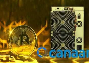 nuevo minero ASIC de Canaan junto a moneda de bitcoin