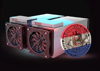 Mineros asic junto a moneda de bitcoin con bandera de Paraguay.