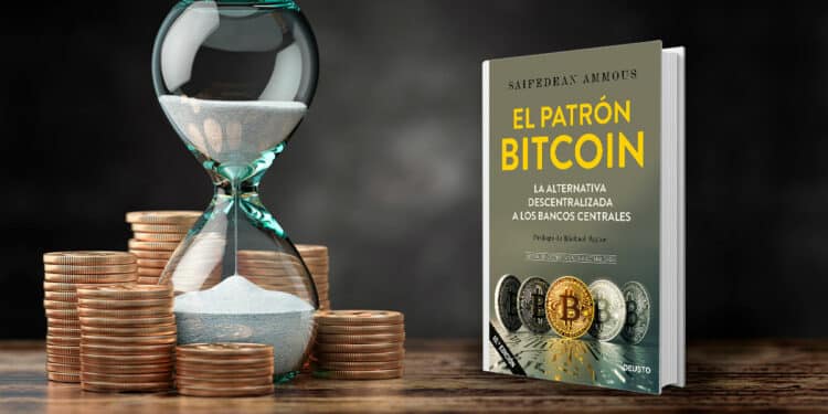 Reloj de arena con monedas y libro de The Bitcoin Standard
