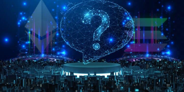signo de interrogación en burbuja digital sobre plataforma de podio con logos de Ethereum y Solana proyectados en el fondo