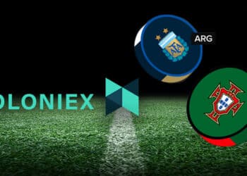 fan tokens de la selección de futbol argentina y la selección de futbol de Portugal junto a logo de Poloniex en campo de futbol