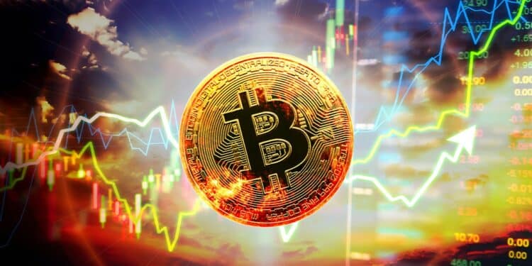 moneda de bitcoin radiante con gráfico de precio creciente en el fondo