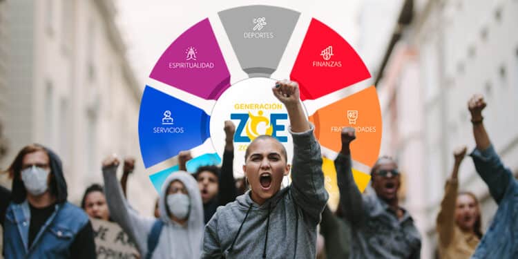Estafados protestando junto a logo de Generación Zoe.