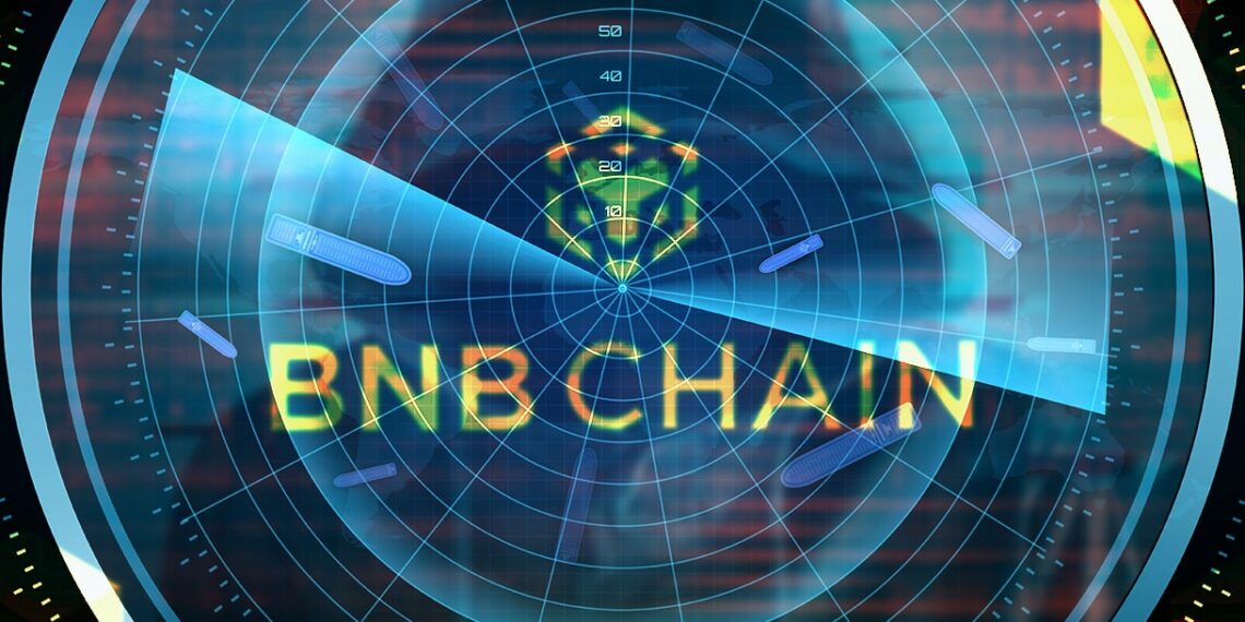 logo de BNB chain en radar digital con hacker en el fondo