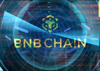 logo de BNB chain en radar digital con hacker en el fondo