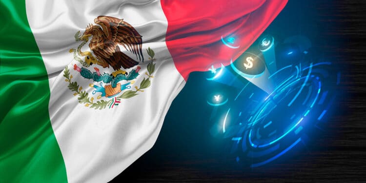 Una bandera de México con un globo terráqueo de fondo en el que se visualiza el logo de bitcoin.