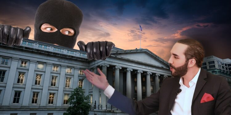 Nayib bukele señalando a la reserva federal de Estados Unidos con ladrón escondido detrás de edificio