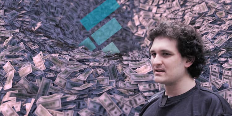 CEO de FTX con billetes de dolares y logo de FTX cayendo por vortice