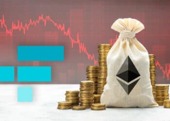 Bolsa de ETH y logo de FTX con fondo rojo