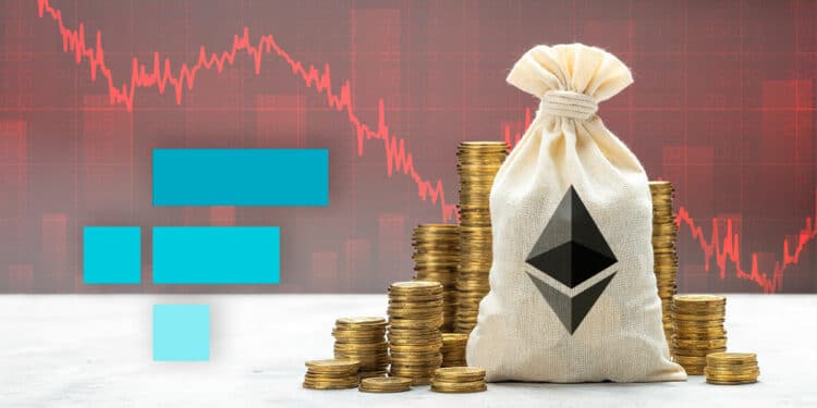 Bolsa de ETH y logo de FTX con fondo rojo