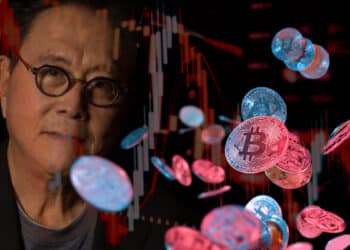 robert kiyosaki junto con monedas de bitcoin cayendo y gráfico de precio en el fondo