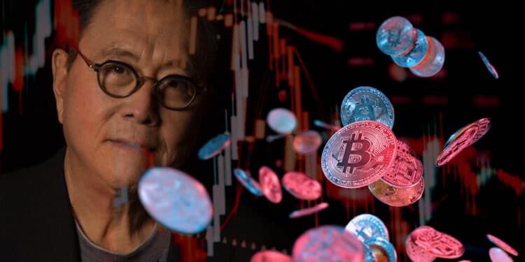 robert kiyosaki junto con monedas de bitcoin cayendo y gráfico de precio en el fondo