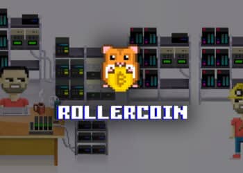 Logo de Rollecoin junto a mineros de bitcoin.