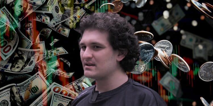 sam bankman-fried, ceo de FTX entre billetes de dólares, monedas cayendo y gráfico de precio bajista